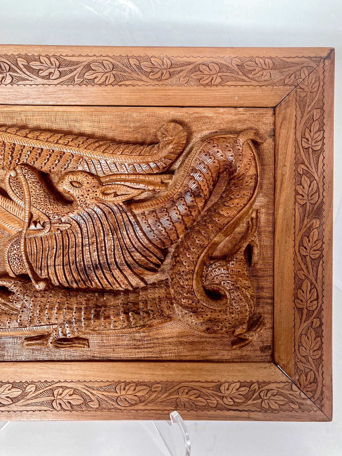 Pair of Intricately Hand Carved Relief Serpent Dragon Teak Wood Plaques 1 Close UUp 2
