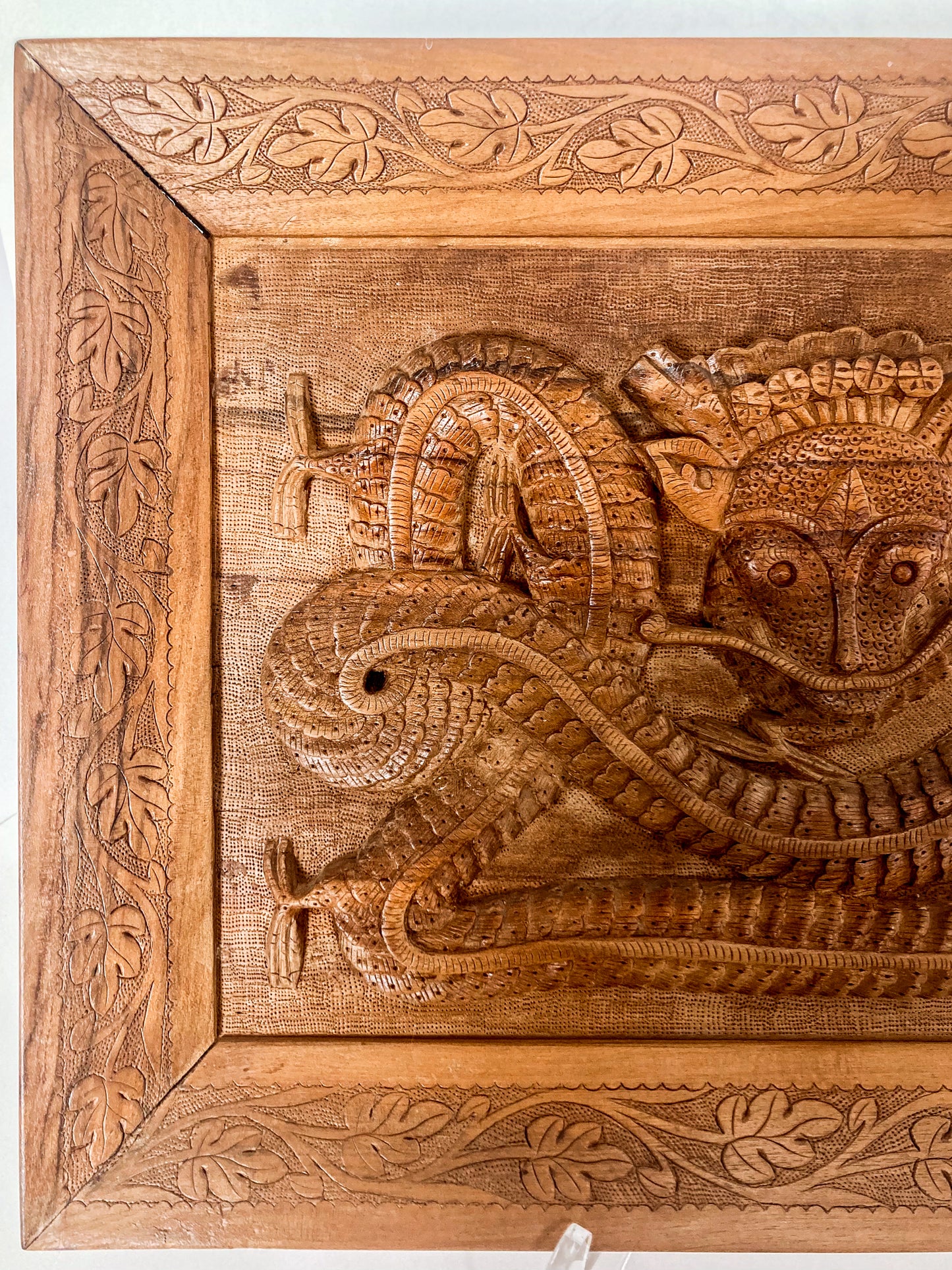 Pair of Intricately Hand Carved Relief Serpent Dragon Teak Wood Plaques 2 Close Up