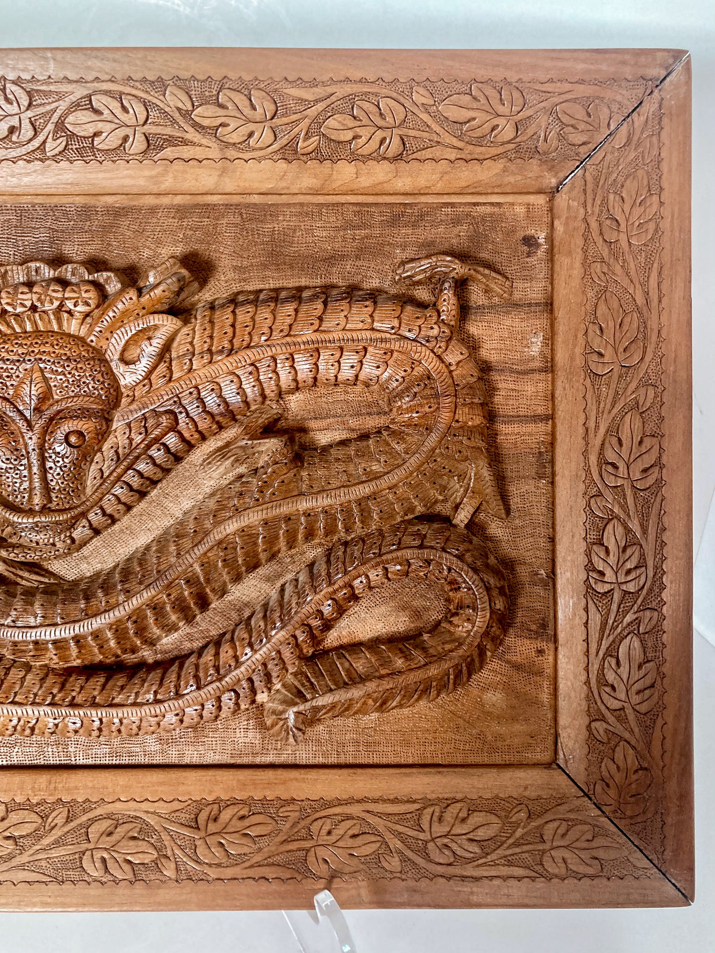 Pair of Intricately Hand Carved Relief Serpent Dragon Teak Wood Plaques 2 Close Up 2