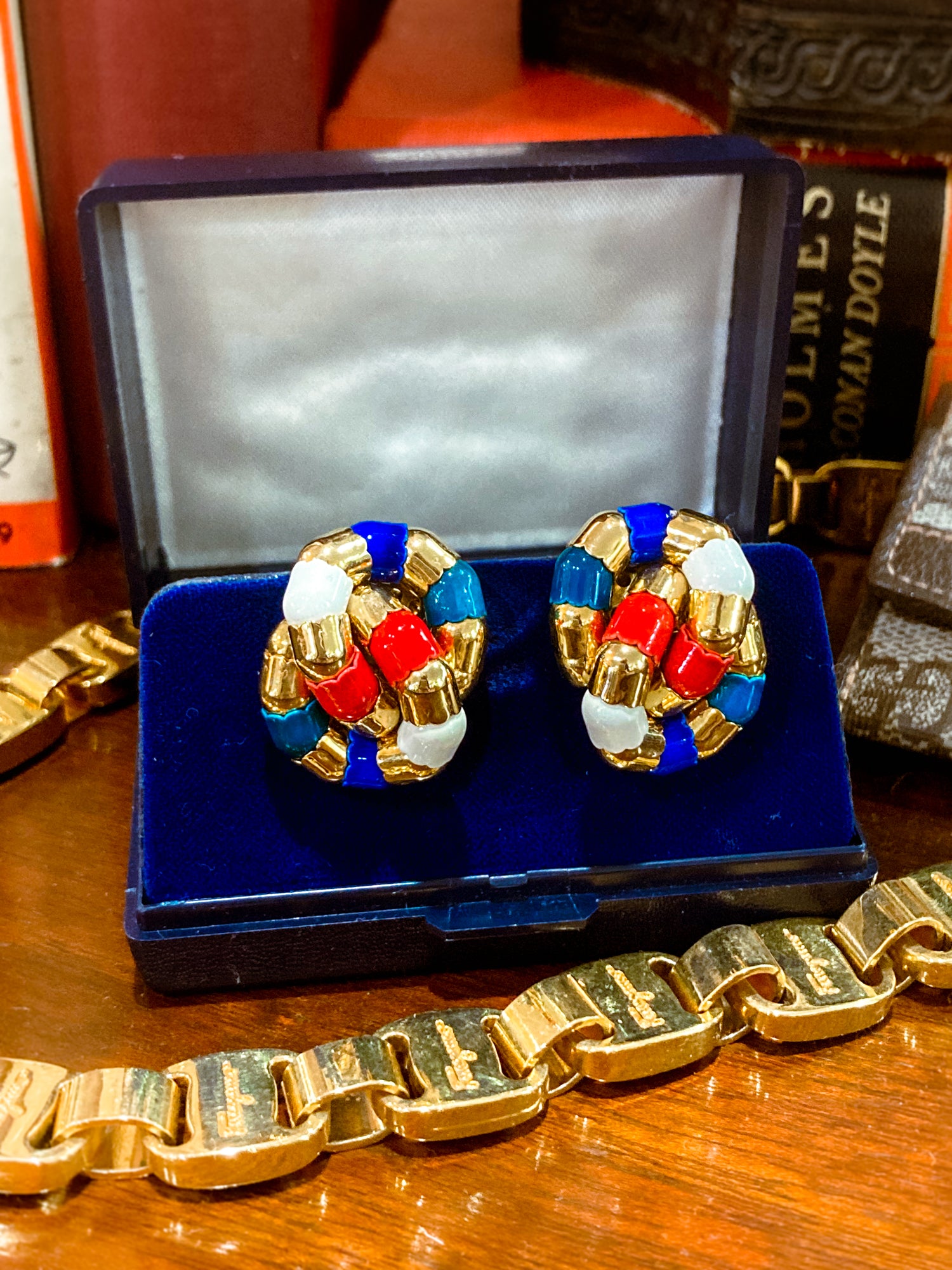 Vintage Bucherer Red Blue White Gold Tulip Knot Clip-on Earrings Original Box