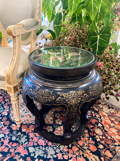 Vintage Applied Stone Roses Bird Gold Detailed Black Lacquer Round Side Table