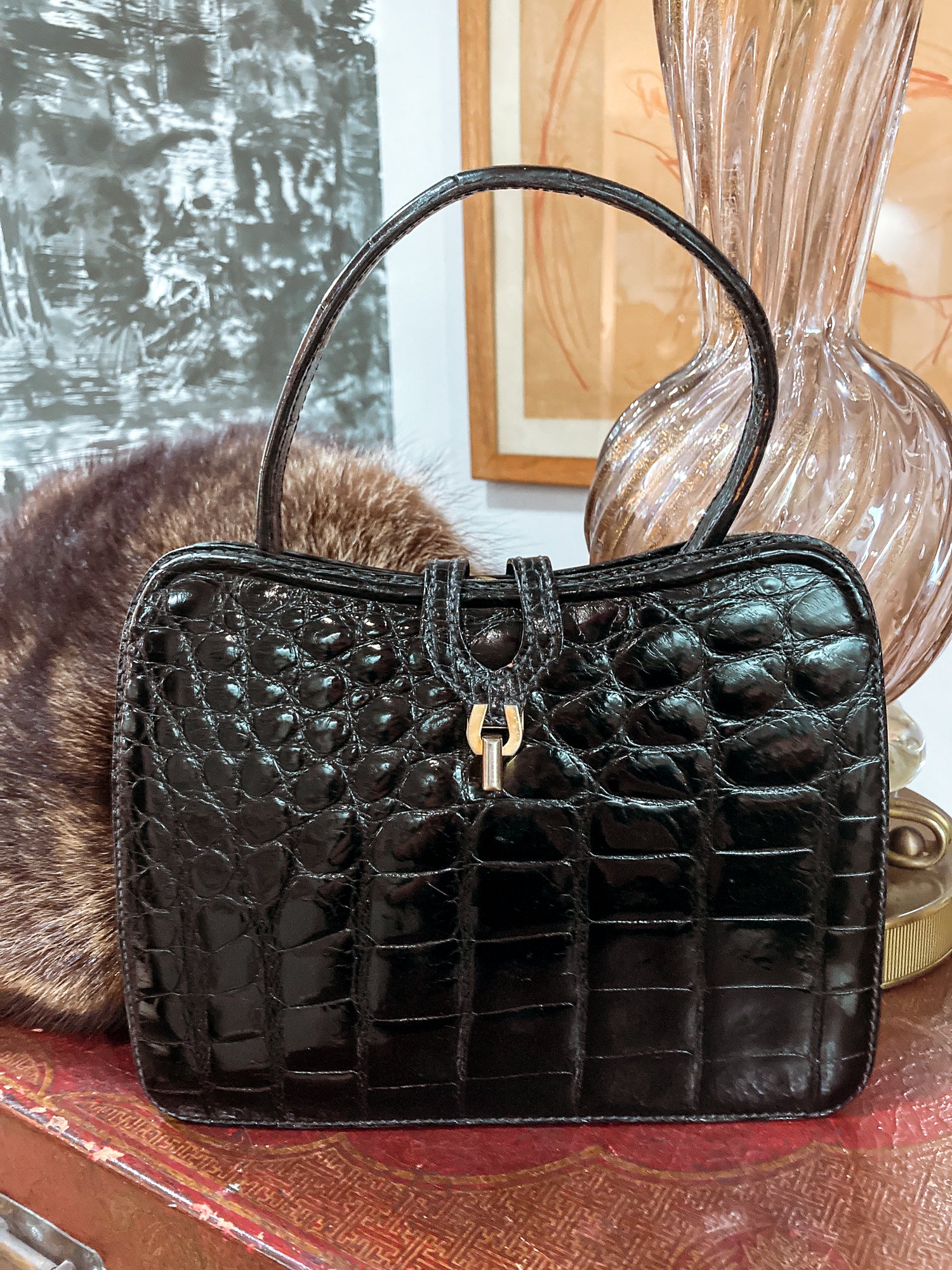 Vintage Black French Crocodile Patent Leather Classic Handbag Purse