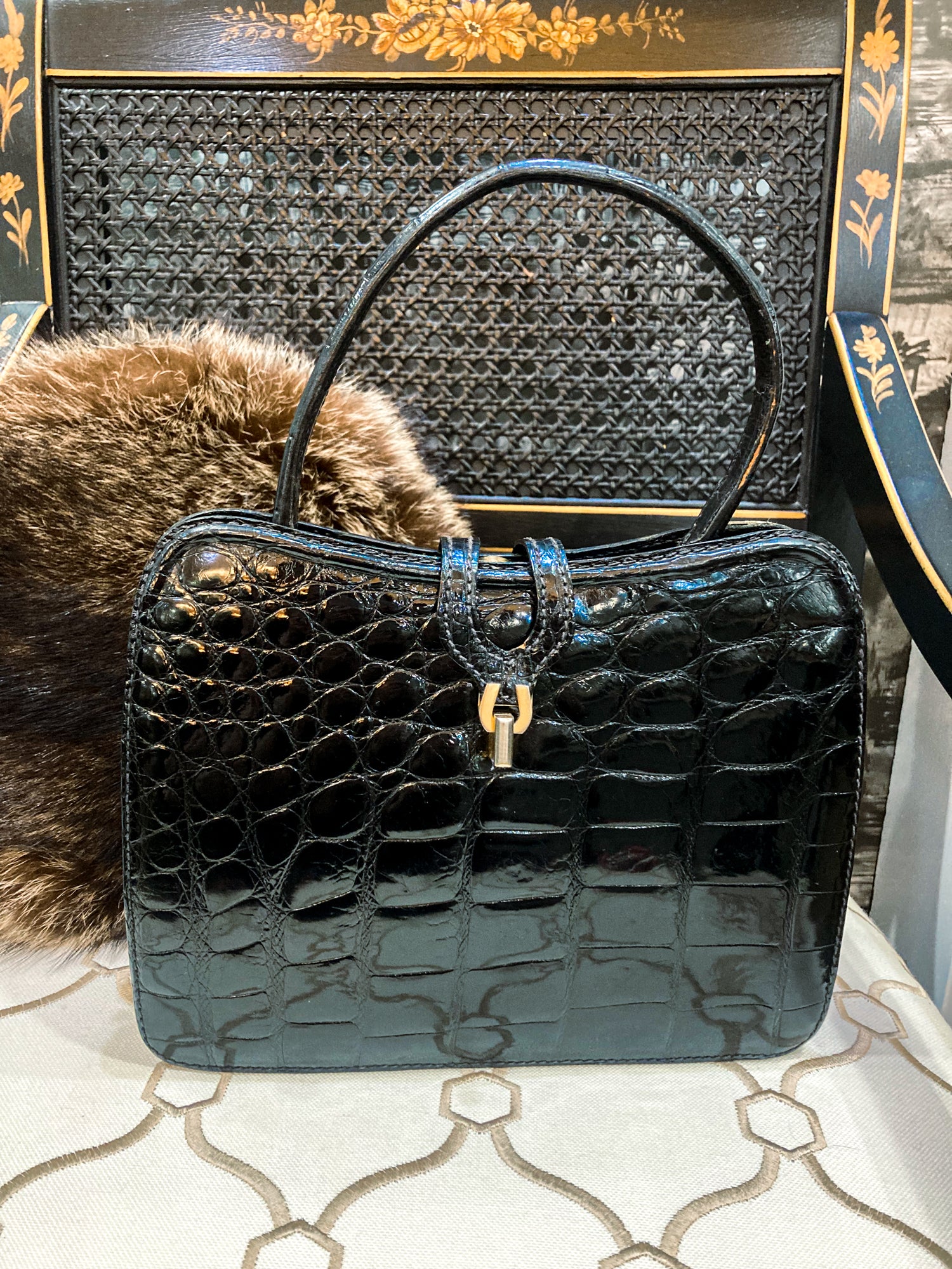 Vintage Black French Crocodile Patent Leather Classic Handbag Purse 2