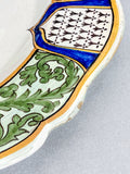 Antique 19th Century Dog Figural Scene Porquire Quimper Faience Pottery Plate White Background Close Up Chip