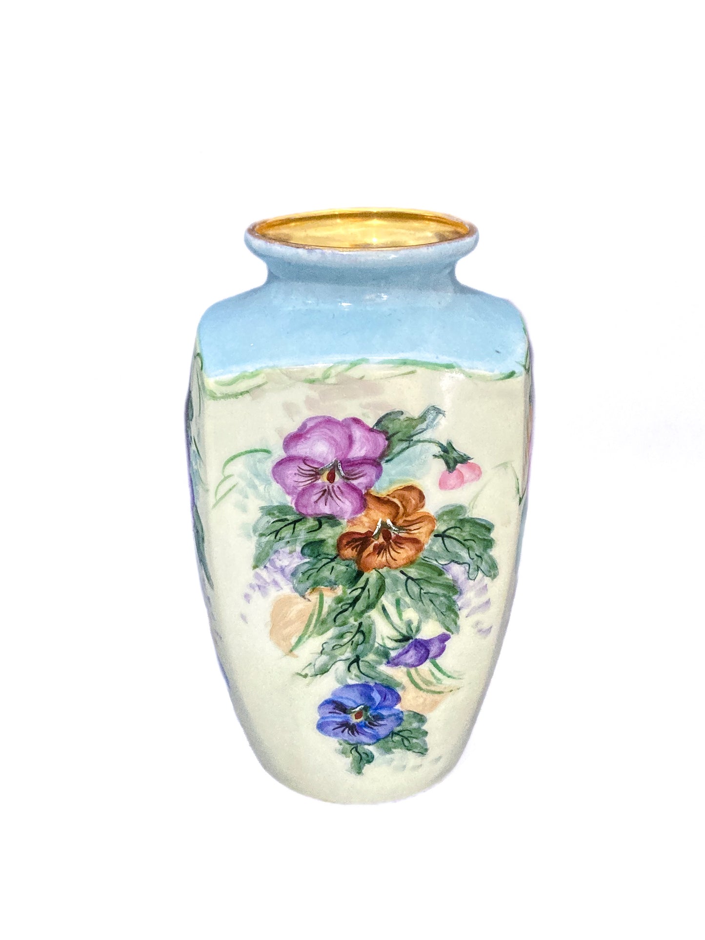 Dreamy Vintage Petite Hand Painted Pansy Flowers Gilded Rim Porcelain Vase 9