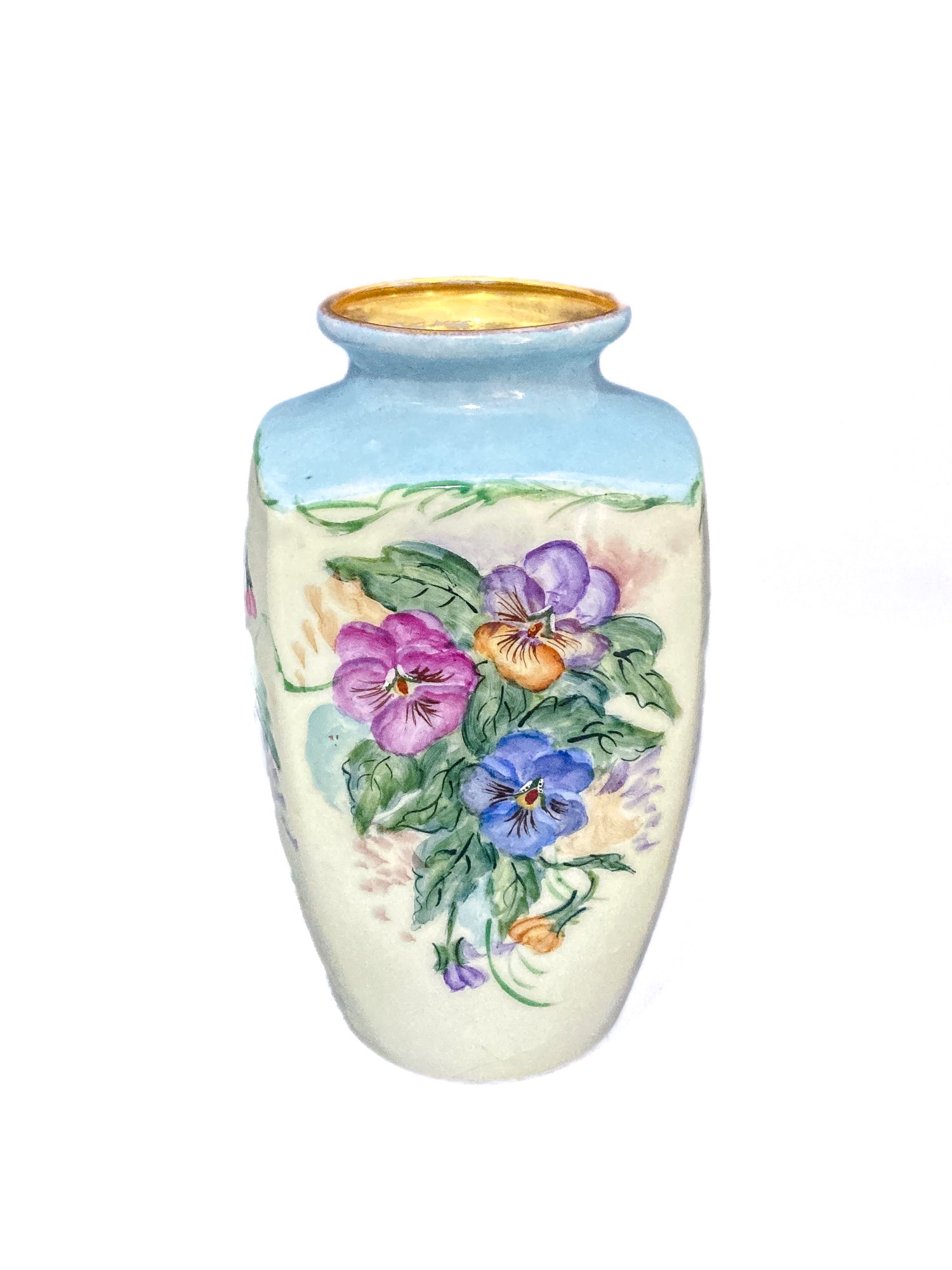 Dreamy Vintage Petite Hand Painted Pansy Flowers Gilded Rim Porcelain Vase 12