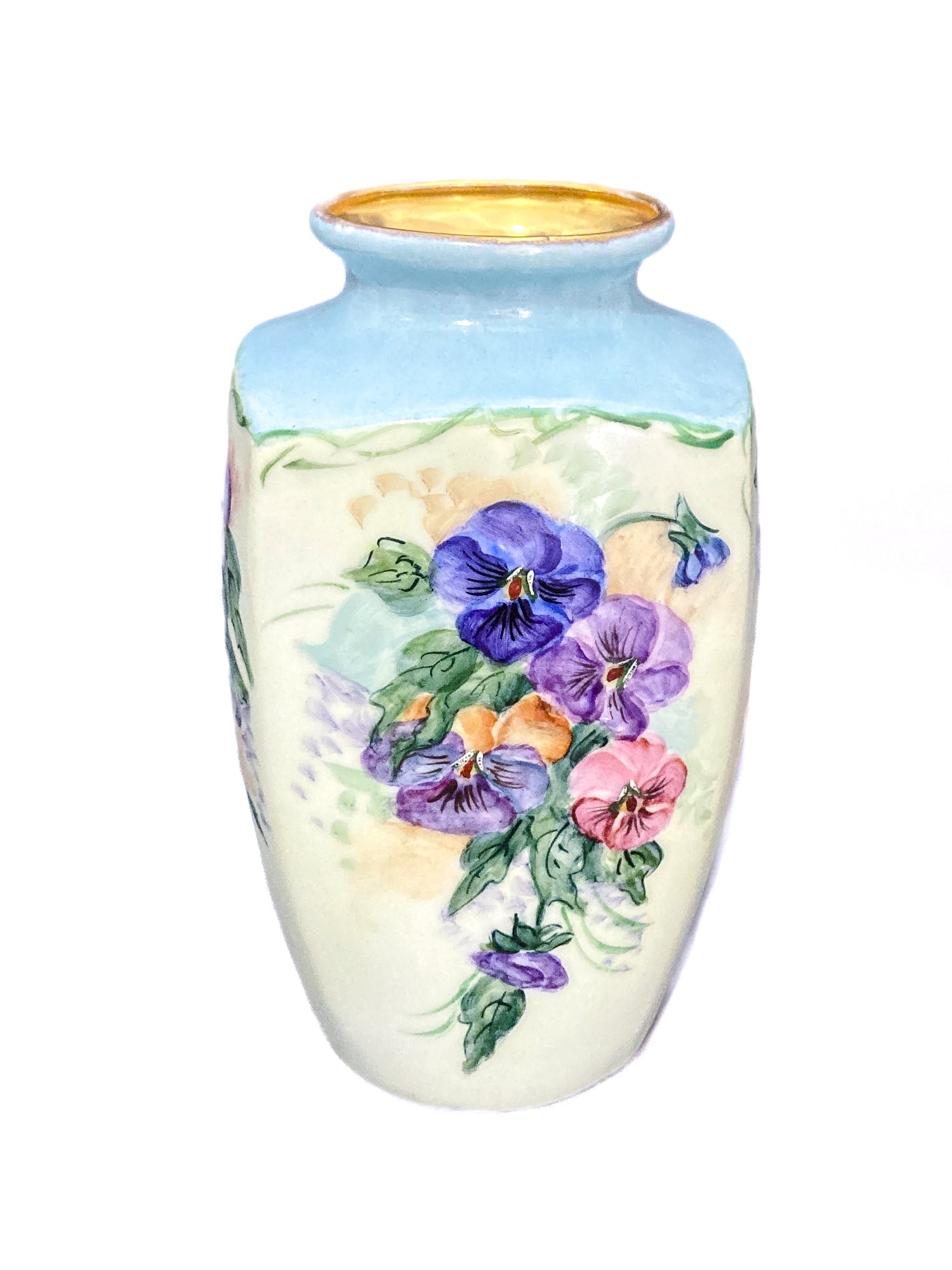 Dreamy Vintage Petite Hand Painted Pansy Flowers Gilded Rim Porcelain Vase 14