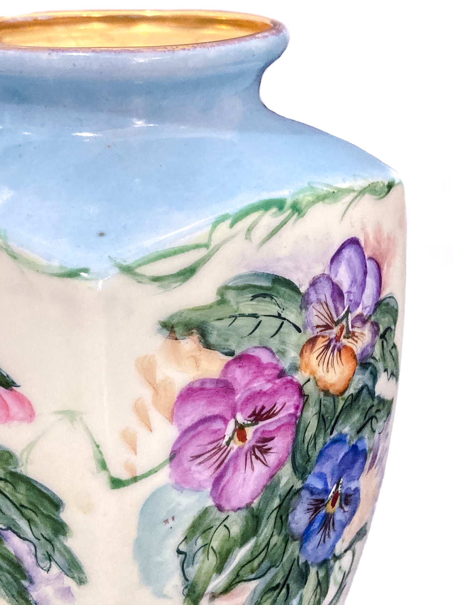 Dreamy Vintage Petite Hand Painted Pansy Flowers Gilded Rim Porcelain Vase Close Up