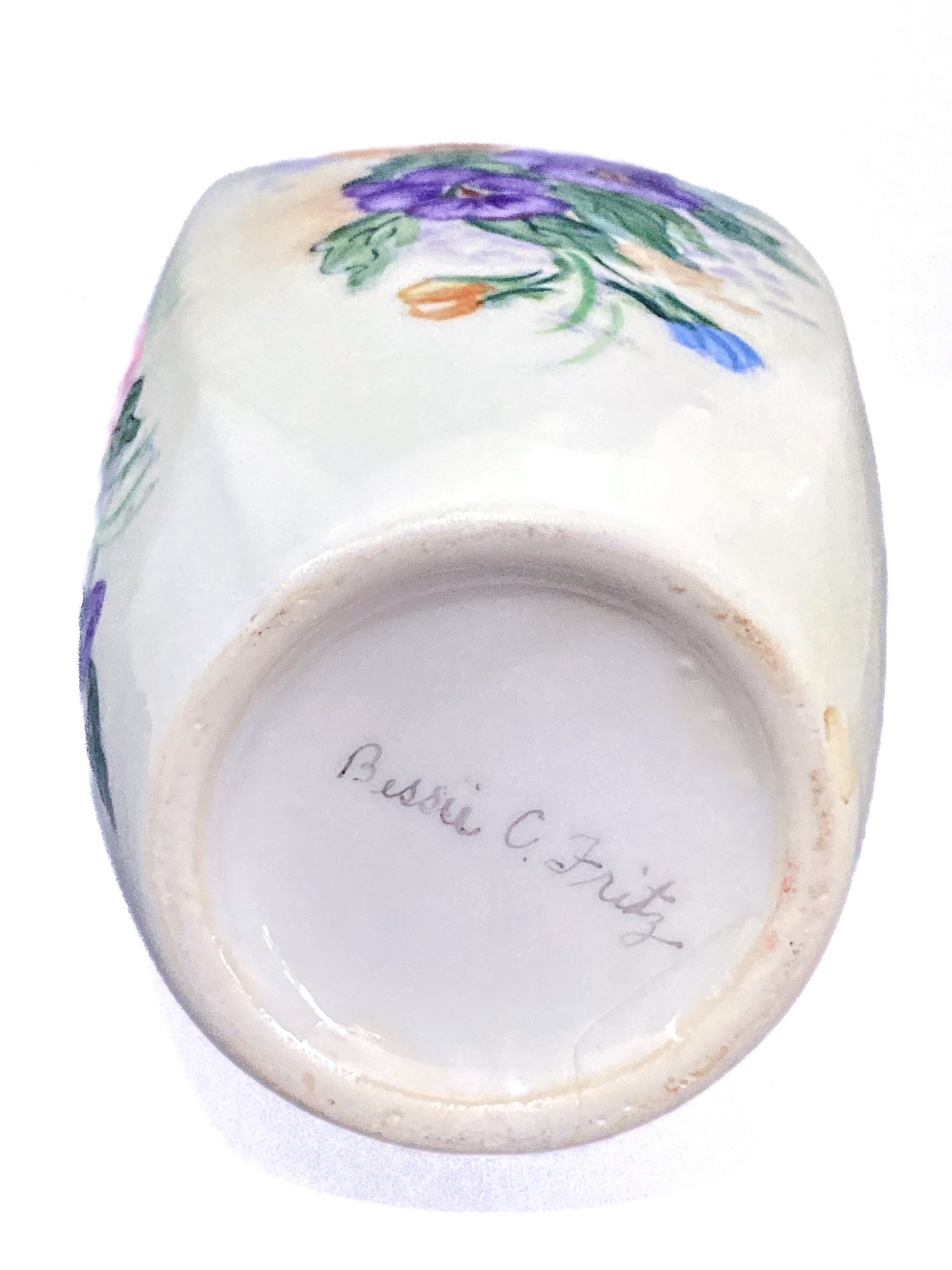 Dreamy Vintage Petite Hand Painted Pansy Flowers Gilded Rim Porcelain Vase Bottom
