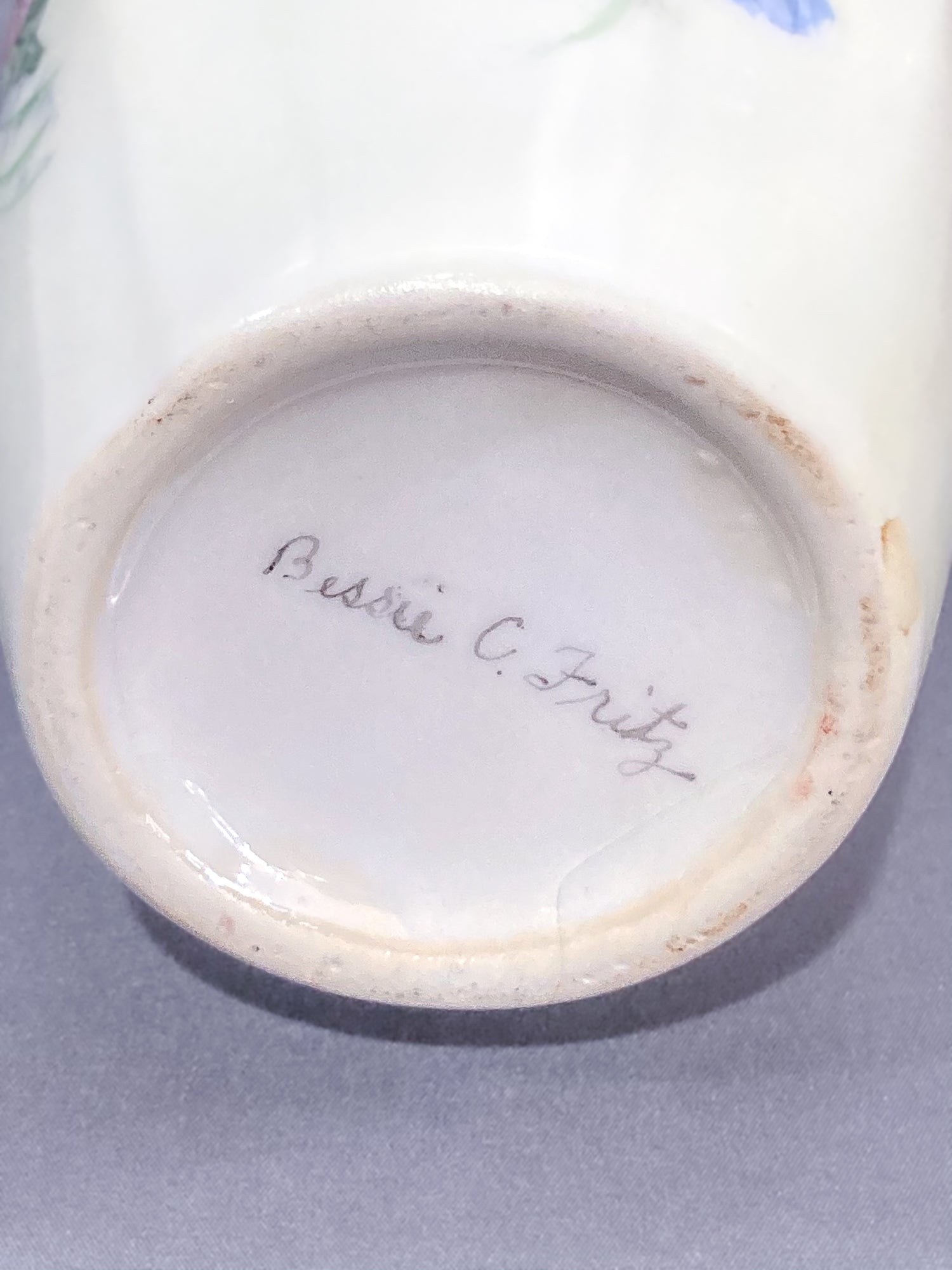 Dreamy Vintage Petite Hand Painted Pansy Flowers Gilded Rim Porcelain Vase Bottom Signature Close Up