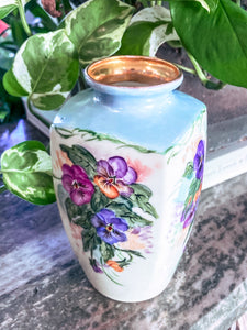 Dreamy Vintage Petite Hand Painted Pansy Flowers Gilded Rim Porcelain Vase 1