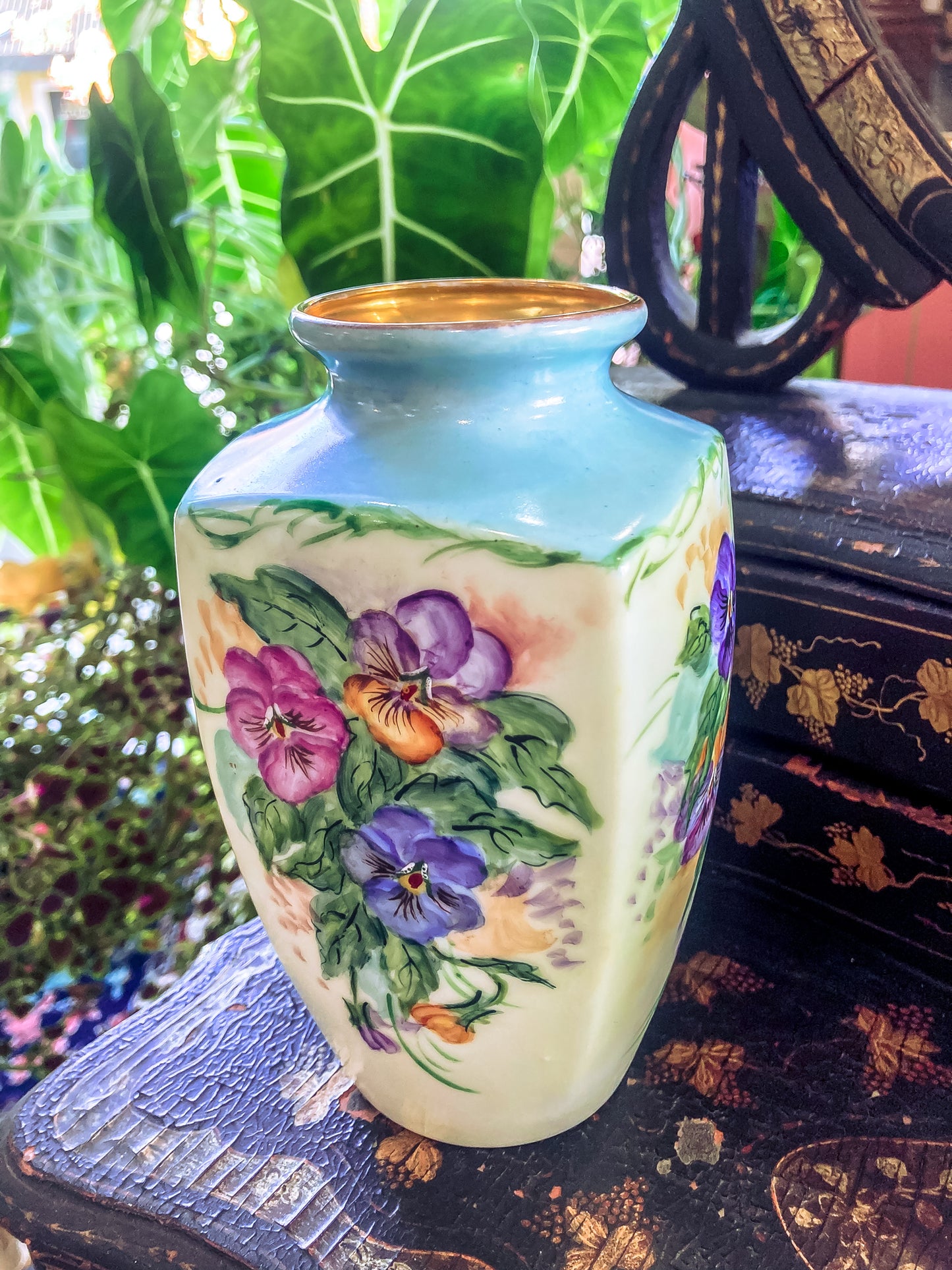 Dreamy Vintage Petite Hand Painted Pansy Flowers Gilded Rim Porcelain Vase 2