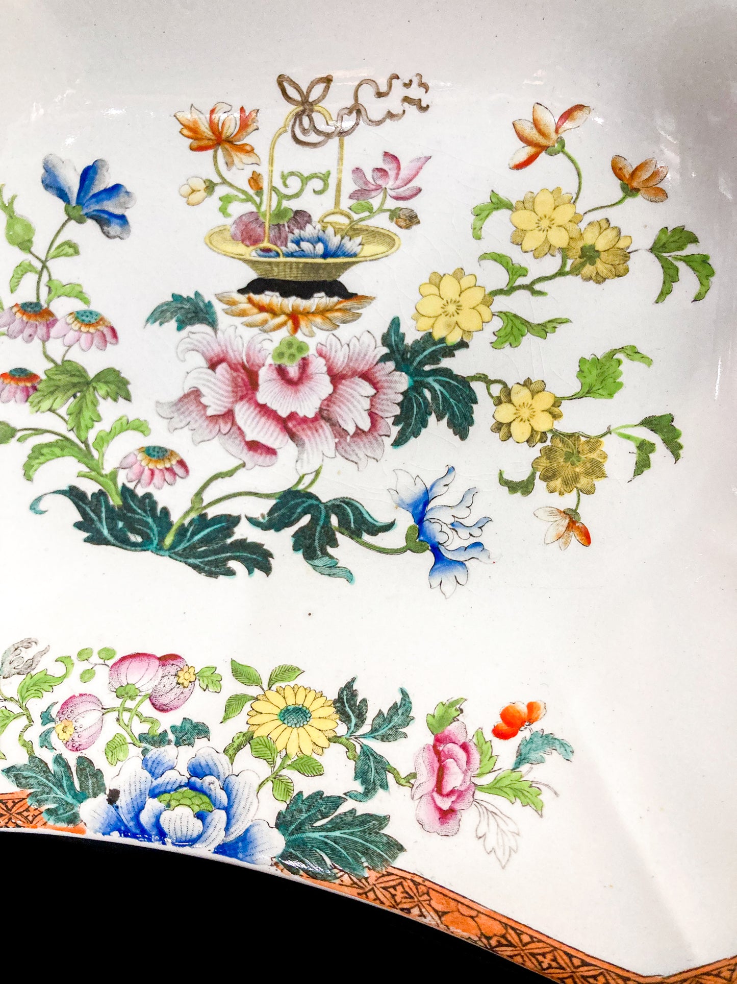 Antique 1850s Wedgwood Enameled Multicolor Floral Footed Compote Dish Close Up Design on Top