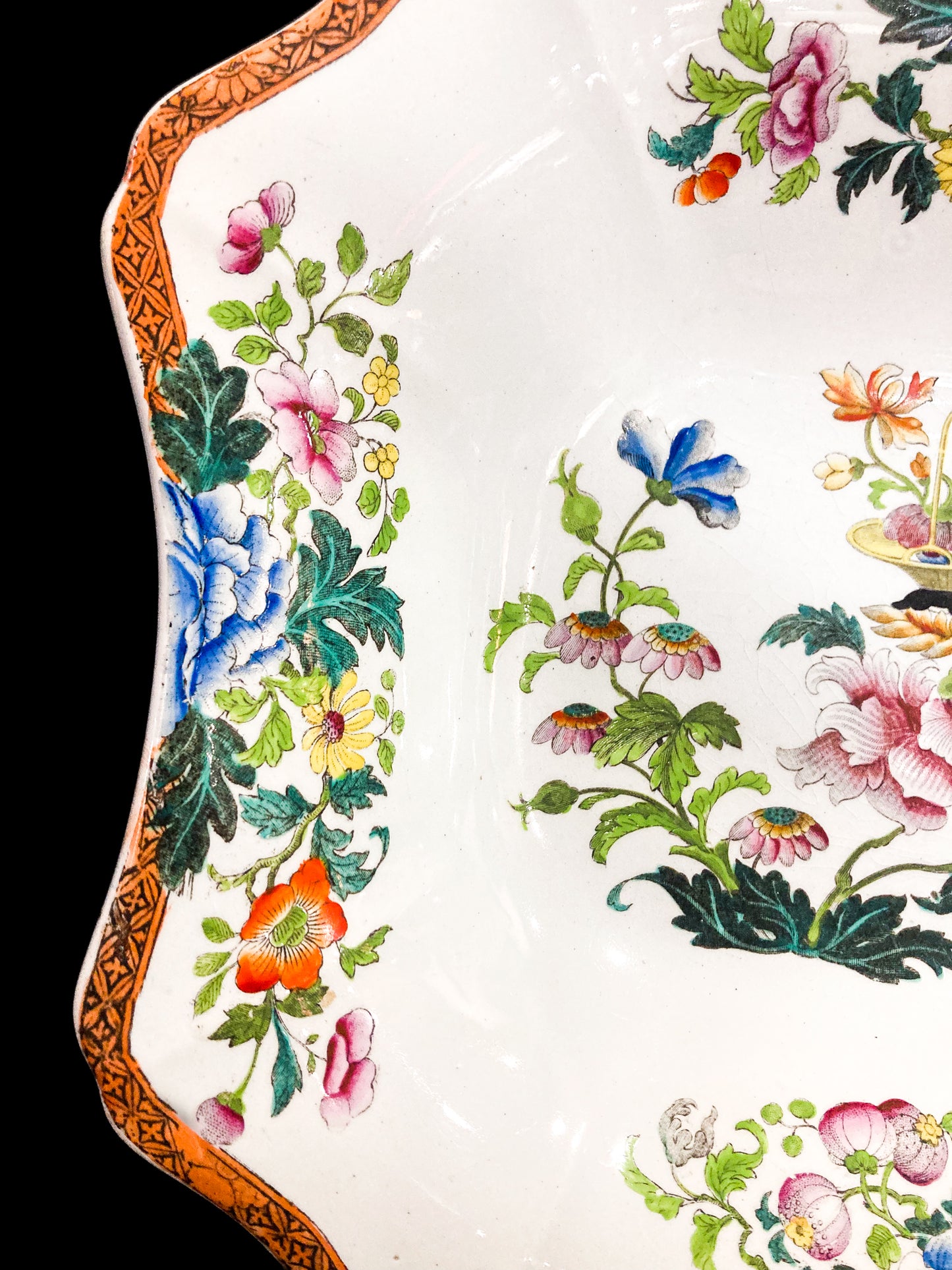 Antique 1850s Wedgwood Enameled Multicolor Floral Footed Compote Dish Close Up Edge