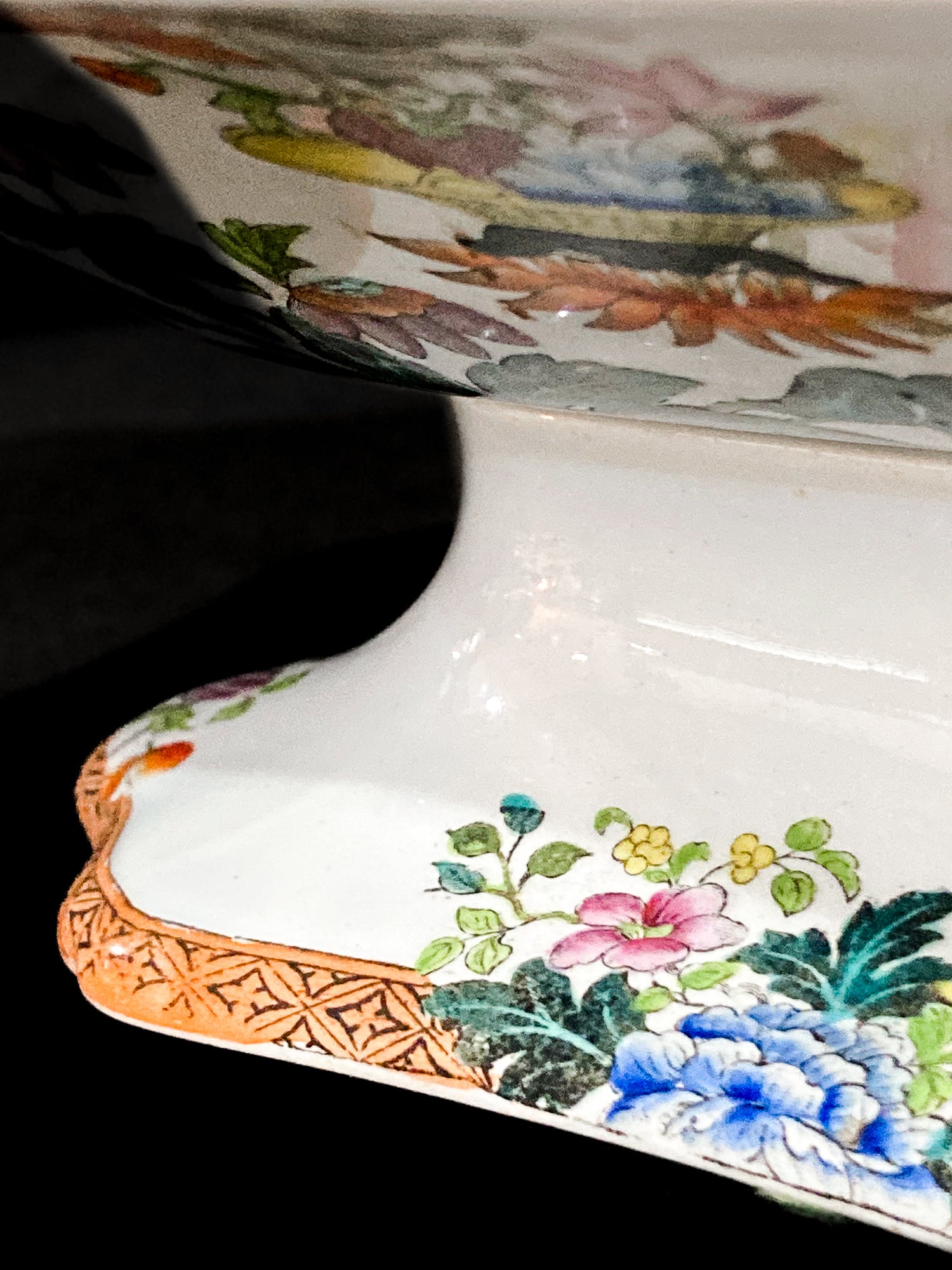 Antique 1850s Wedgwood Enameled Multicolor Floral Footed Compote Dish Close Up Base