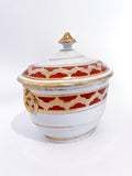 Antique English Gilt Gold Iron Red Decorated Covered Sugar Bowl Front 2