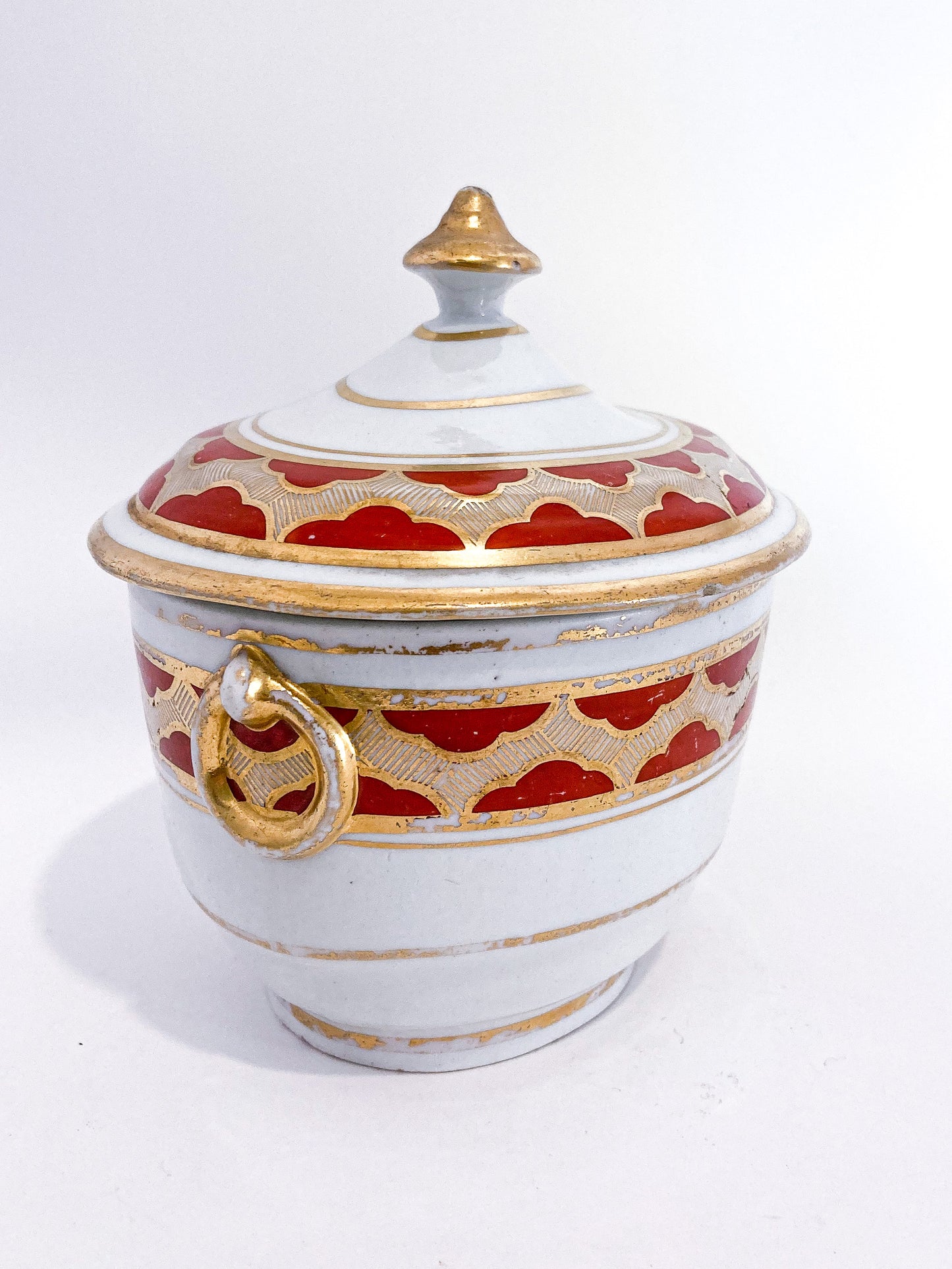 Antique English Gilt Gold Iron Red Decorated Covered Sugar Bowl Front 5