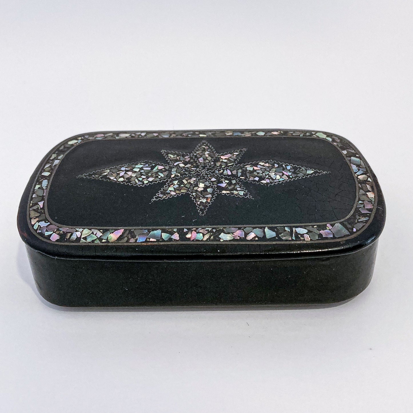 19th Century Antique Abalone Shell Inlay Papier-Mache English Snuff Box Front Slightly Above
