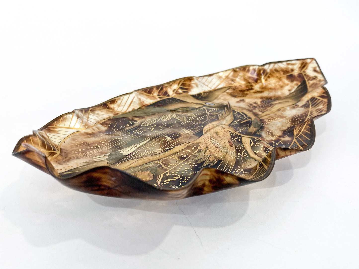 Antique Leaf Shape Gilt Crane Tortoise Shell Lacquer Dish Japanese Tray Slightly to back