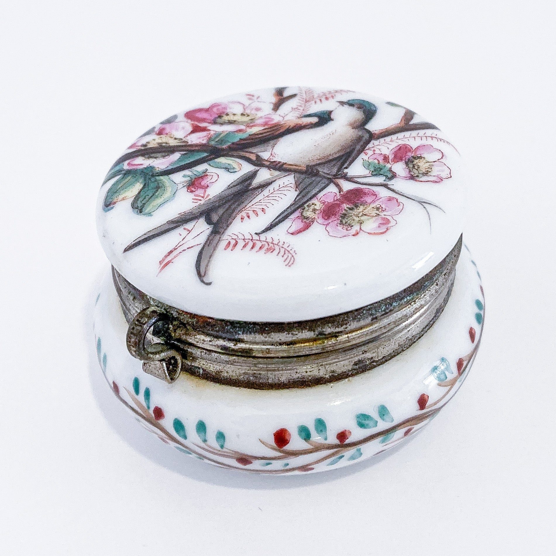 Antique 19th Century English Hand Tinted Swallow Apple Blossom Glass Ring Box Slightly Above Side