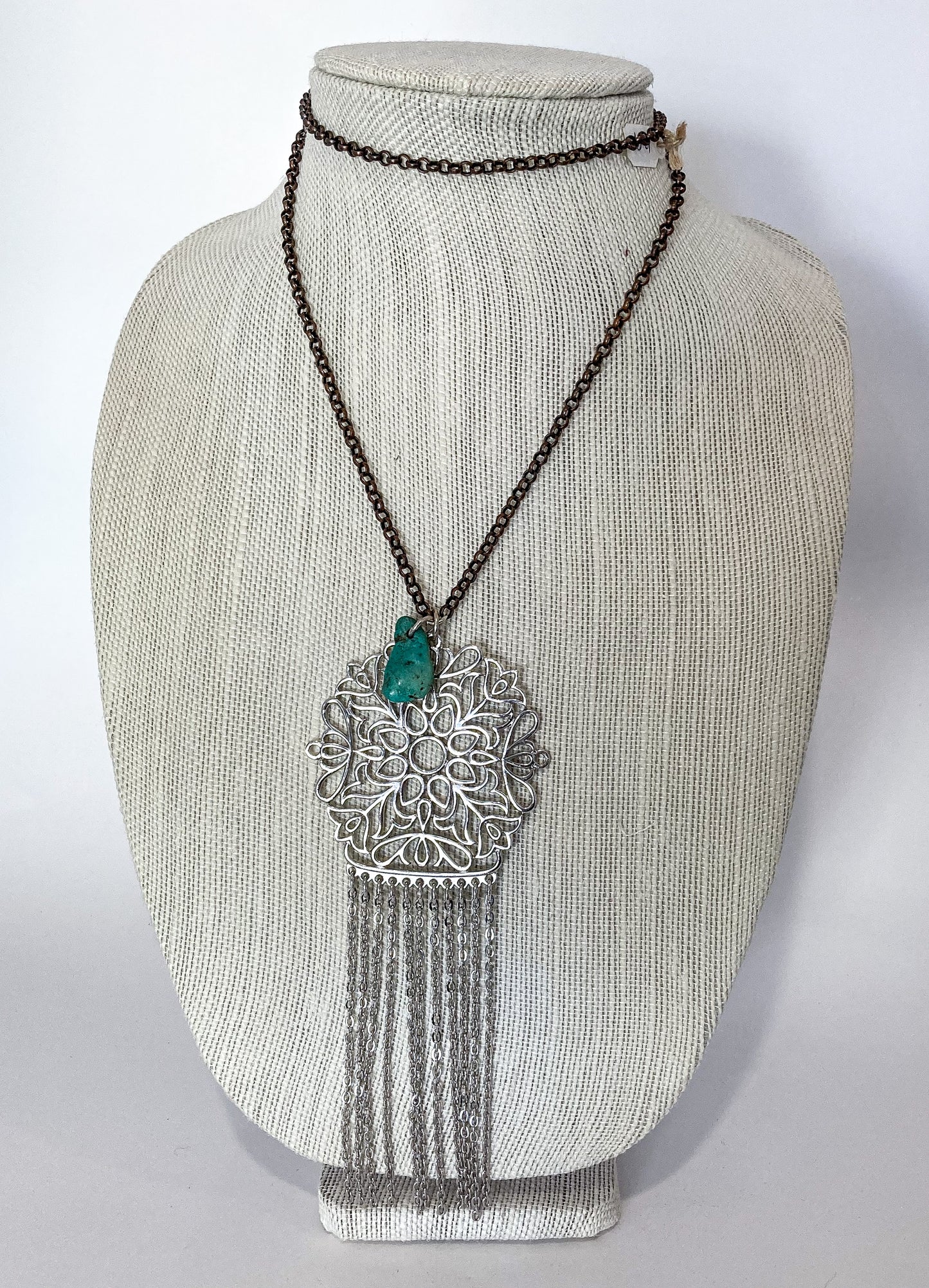 Red I Collection Silver Tone Tassel Turquoise Pendant Copper Chain Necklace on form