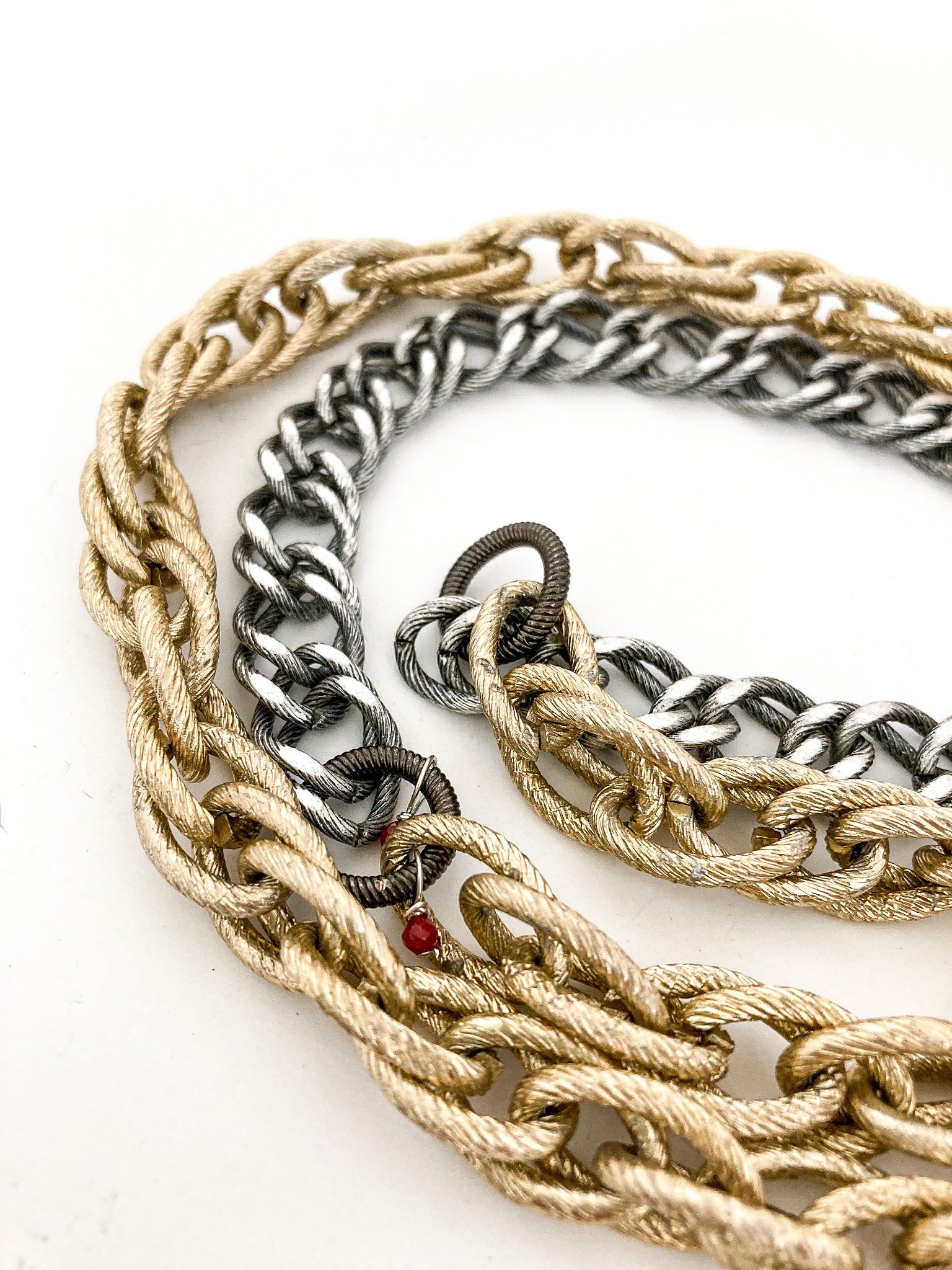 Red I Collection Vintage Repurposed Gold Silver Long Chain Necklace Close Up of Chain