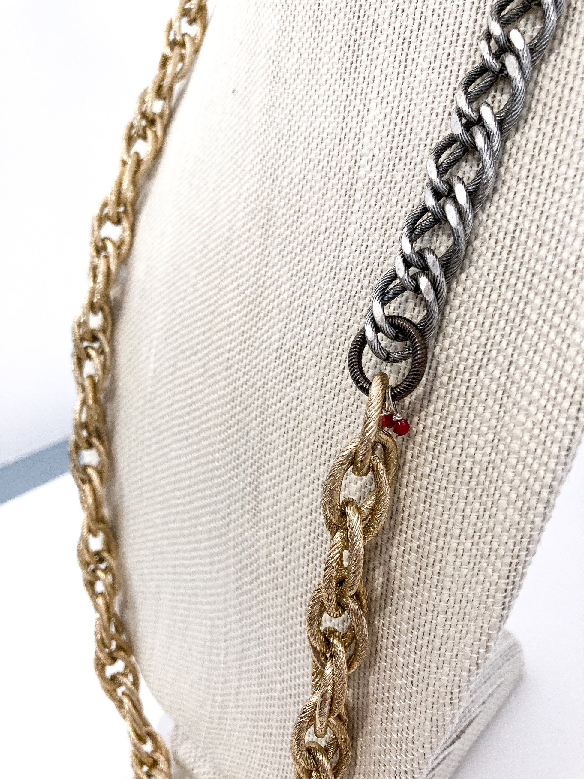 Red I Collection Vintage Repurposed Gold Silver Long Chain Necklace Close Up of Closure