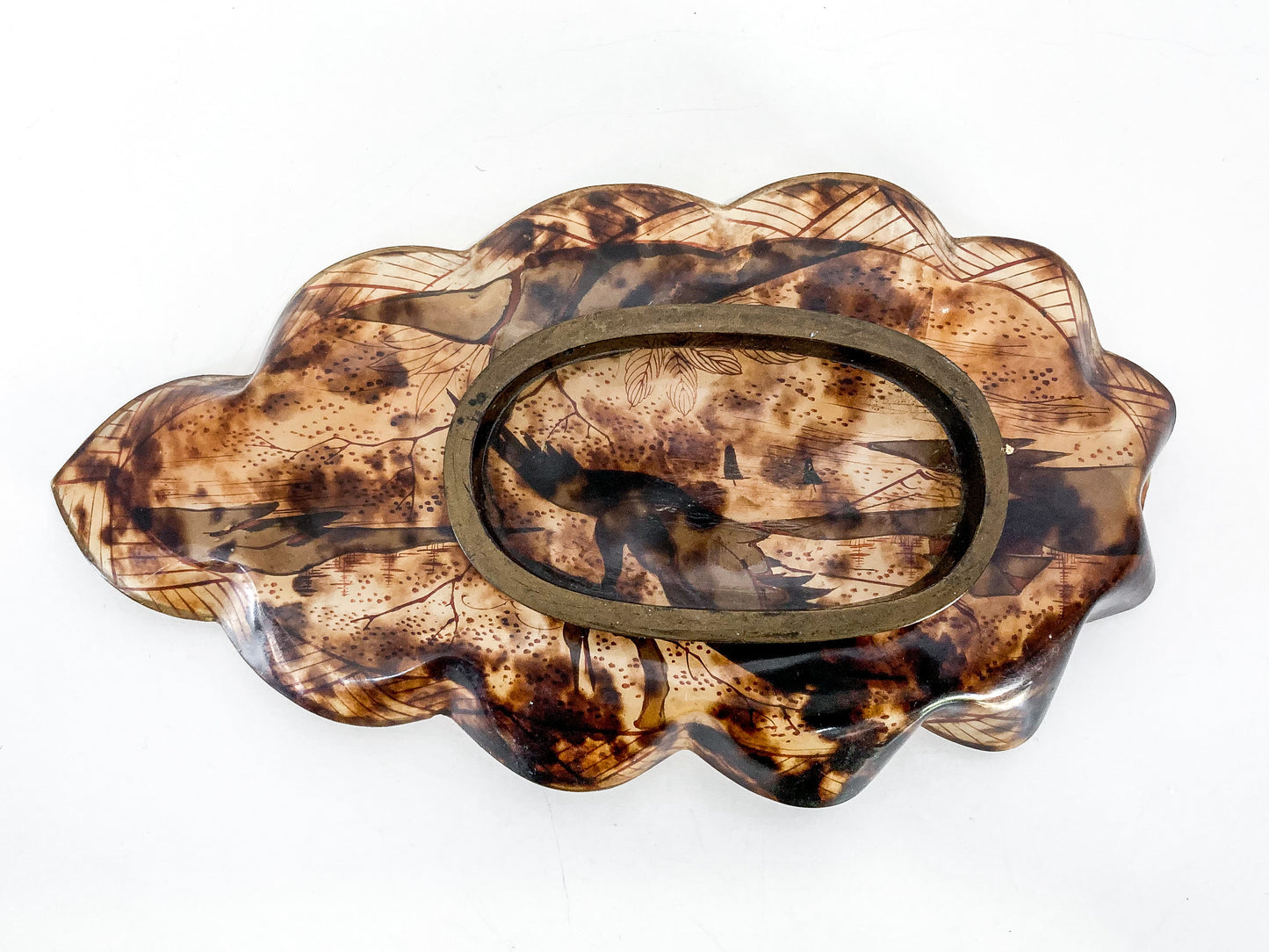 Antique Leaf Shape Gilt Crane Tortoise Shell Lacquer Dish Japanese Tray Bottom