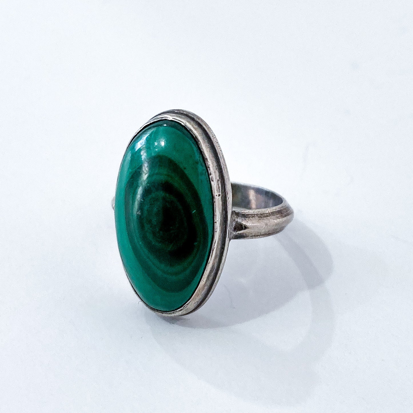Vintage Domed Oval Swirling Rich Green Malachite Sterling Silver Ring Slightly Angled Front