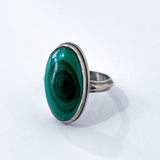 Vintage Domed Oval Swirling Rich Green Malachite Sterling Silver Ring Slightly Angled Front