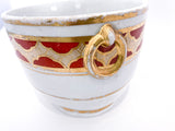 Antique English Gilt Gold Iron Red Decorated Covered Sugar Bowl Faux handle close Up