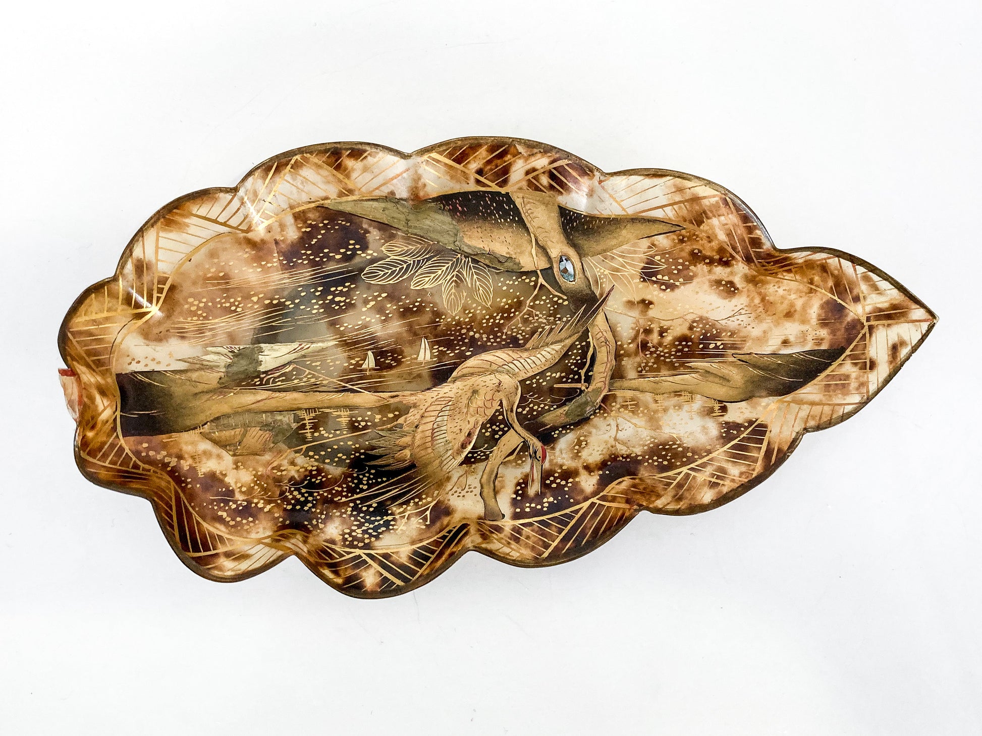 Antique Leaf Shape Gilt Crane Tortoise Shell Lacquer Dish Japanese Tray Slightly Above