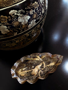 Antique Leaf Shape Gilt Crane Tortoise Shell Lacquer Dish Japanese Tray