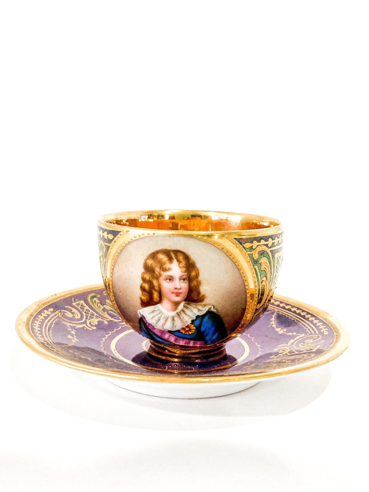 Antique Hand Painted Napoleon II King of Rome Portrait Porcelain Cobalt Gold Austrian Cup & Saucer Side 2
