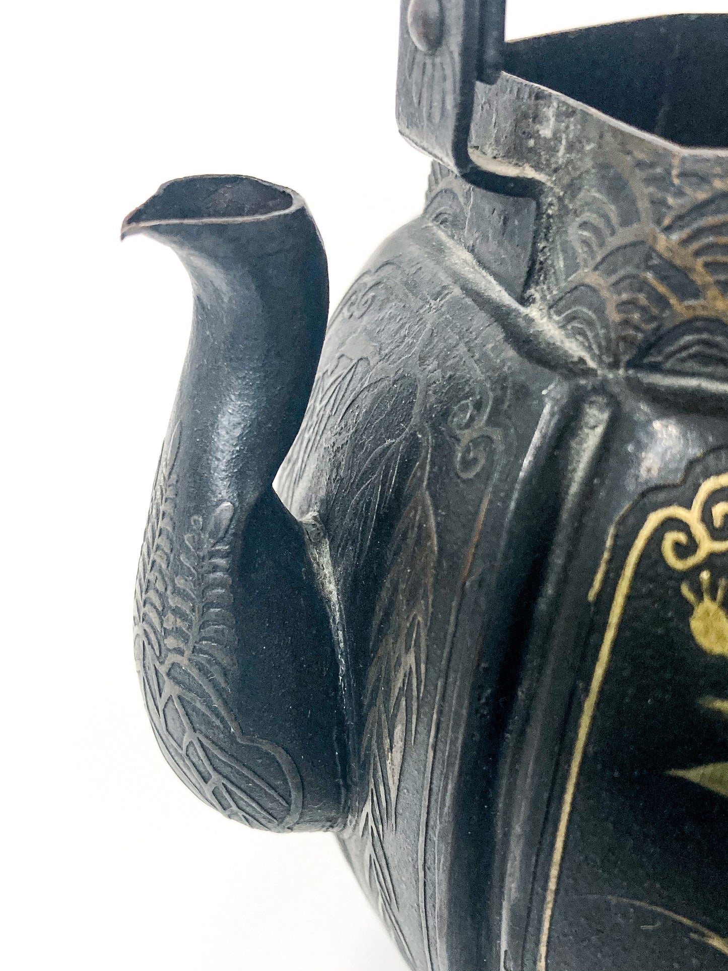 19th Century Mixed Metal Bronze Teapot, Japanese Meiji Period Spout Close Up