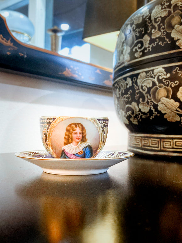 Antique Hand Painted Napoleon II King of Rome Portrait Porcelain Cobalt Gold Austrian Cup & Saucer