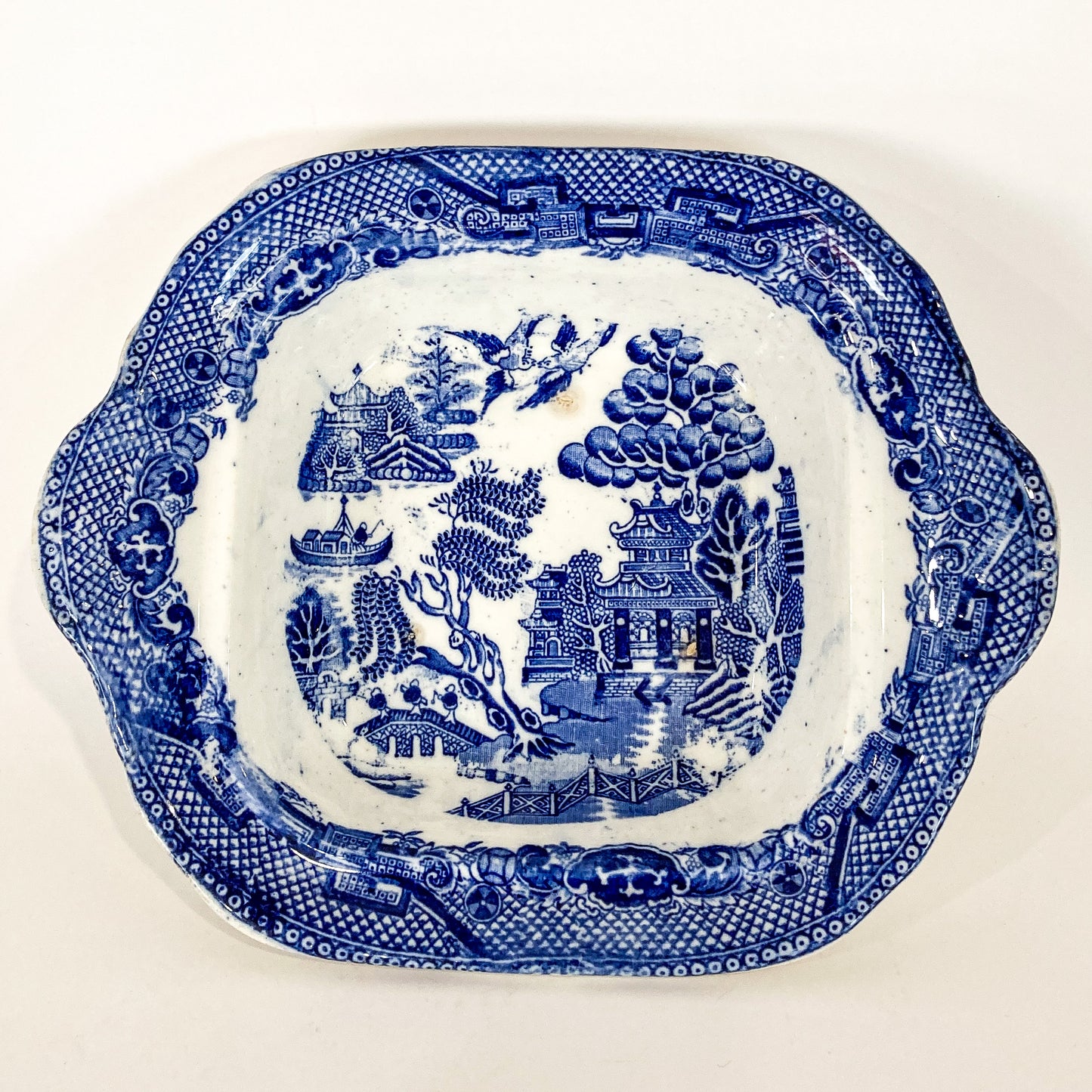 Antique Warranted Staffordshire Blue Willow Covered Porcelain Vegetable Bowl Top Dish