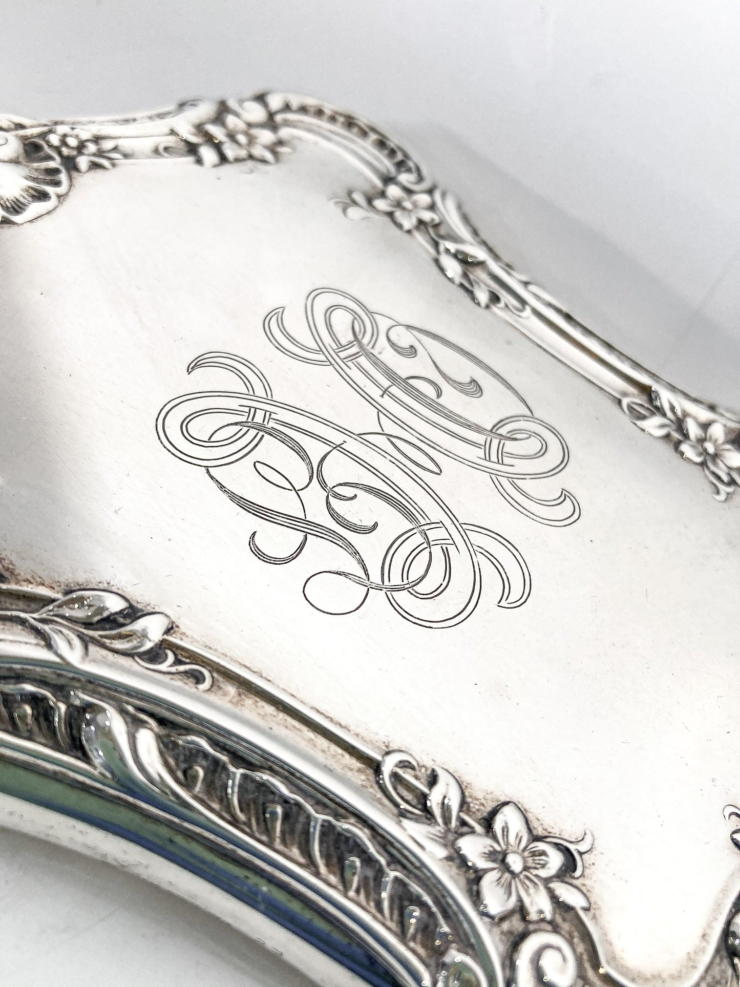 Vintage Silver Plated Glamorous Monogram Floral Vanity Hand Mirror