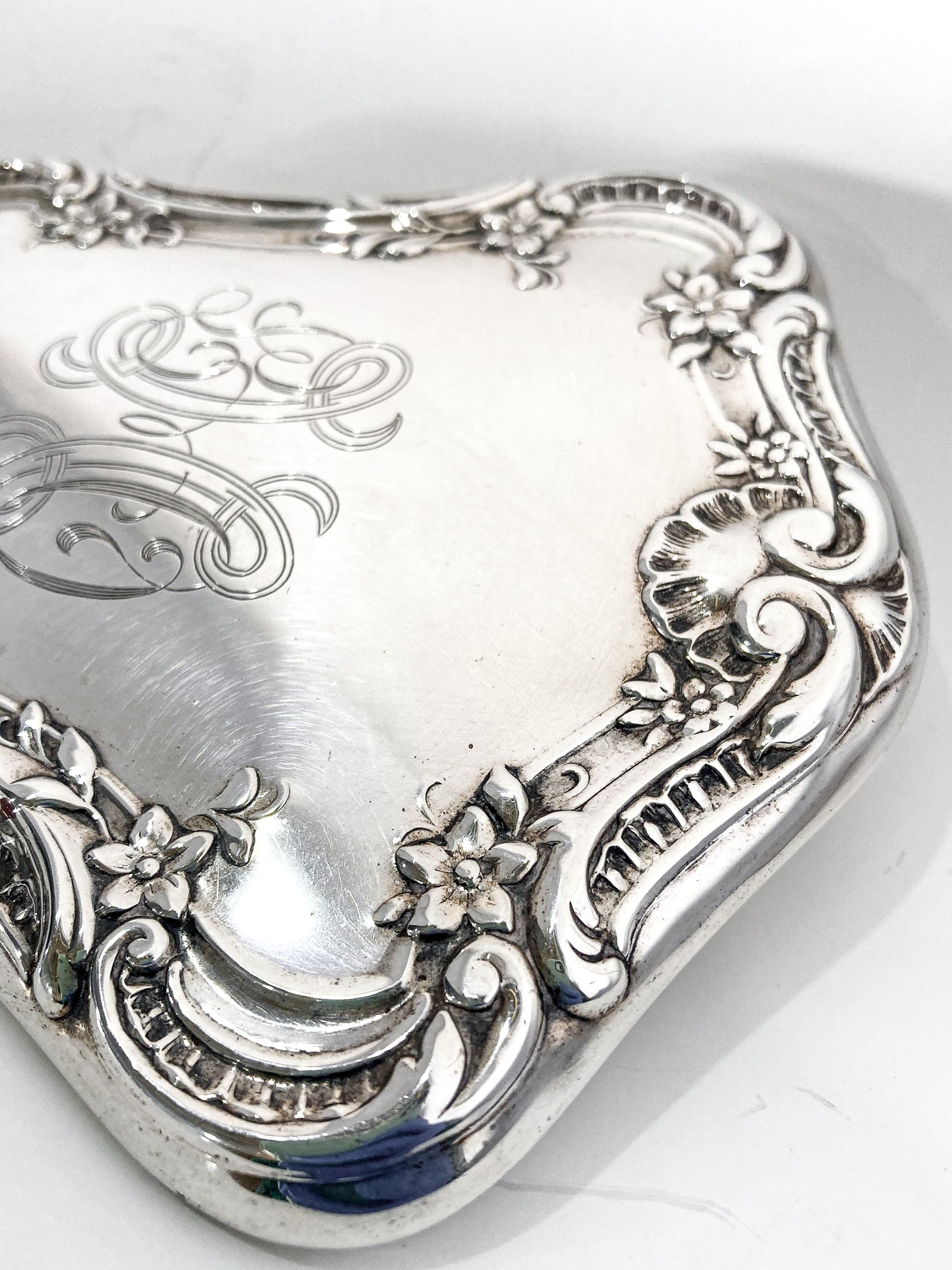 Vintage Silver Plated Glamorous Monogram Floral Vanity Hand Mirror