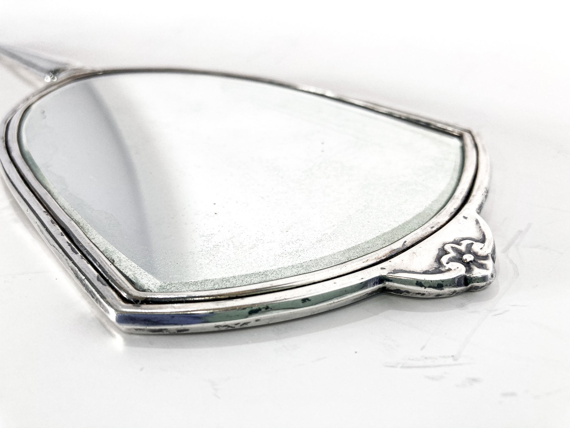 Vintage Haddon Hall Sterling Silver Glamorous Vanity Hand Mirror Top Mirror Side Close Up