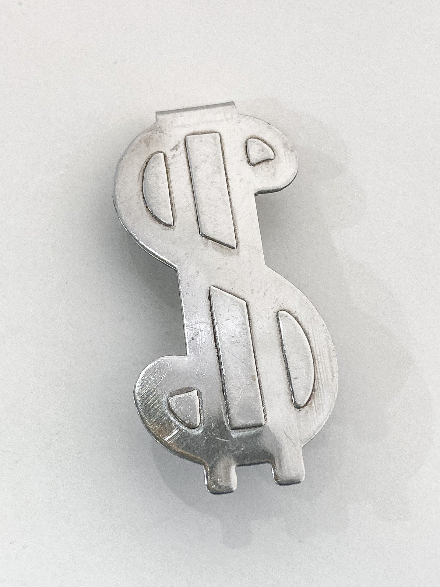 Vintage Silver Tone Steel Metal Dollar Sign Symbol Money Wallet Clip Front