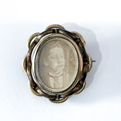 Antique Victorian Gold Filled Rotating Double Photo Mourning Brooch Pin