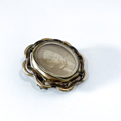 Antique Victorian Gold Filled Rotating Double Photo Mourning Brooch Pin