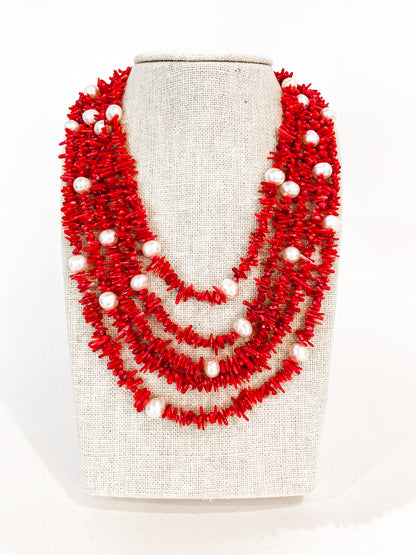 Gorgeous Five Strand Bright Coral Bead Cultured Pearl Silver Closure Necklace