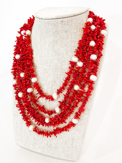 Gorgeous Five Strand Bright Coral Bead Cultured Pearl Silver Closure Necklace