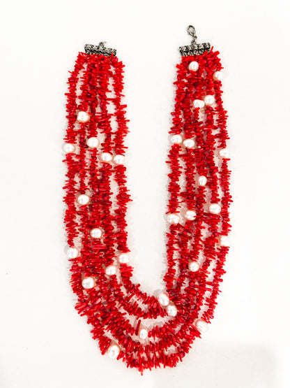 Gorgeous Five Strand Bright Coral Bead Cultured Pearl Silver Closure Necklace
