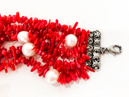Gorgeous Five Strand Bright Coral Bead Cultured Pearl Silver Closure Necklace