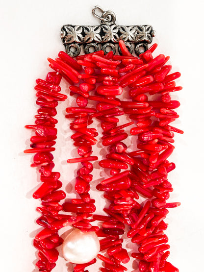 Gorgeous Five Strand Bright Coral Bead Cultured Pearl Silver Closure Necklace