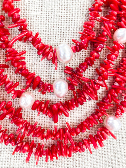 Gorgeous Five Strand Bright Coral Bead Cultured Pearl Silver Closure Necklace