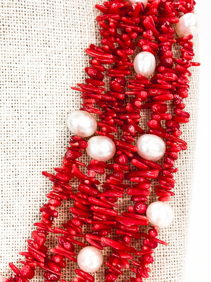Gorgeous Five Strand Bright Coral Bead Cultured Pearl Silver Closure Necklace
